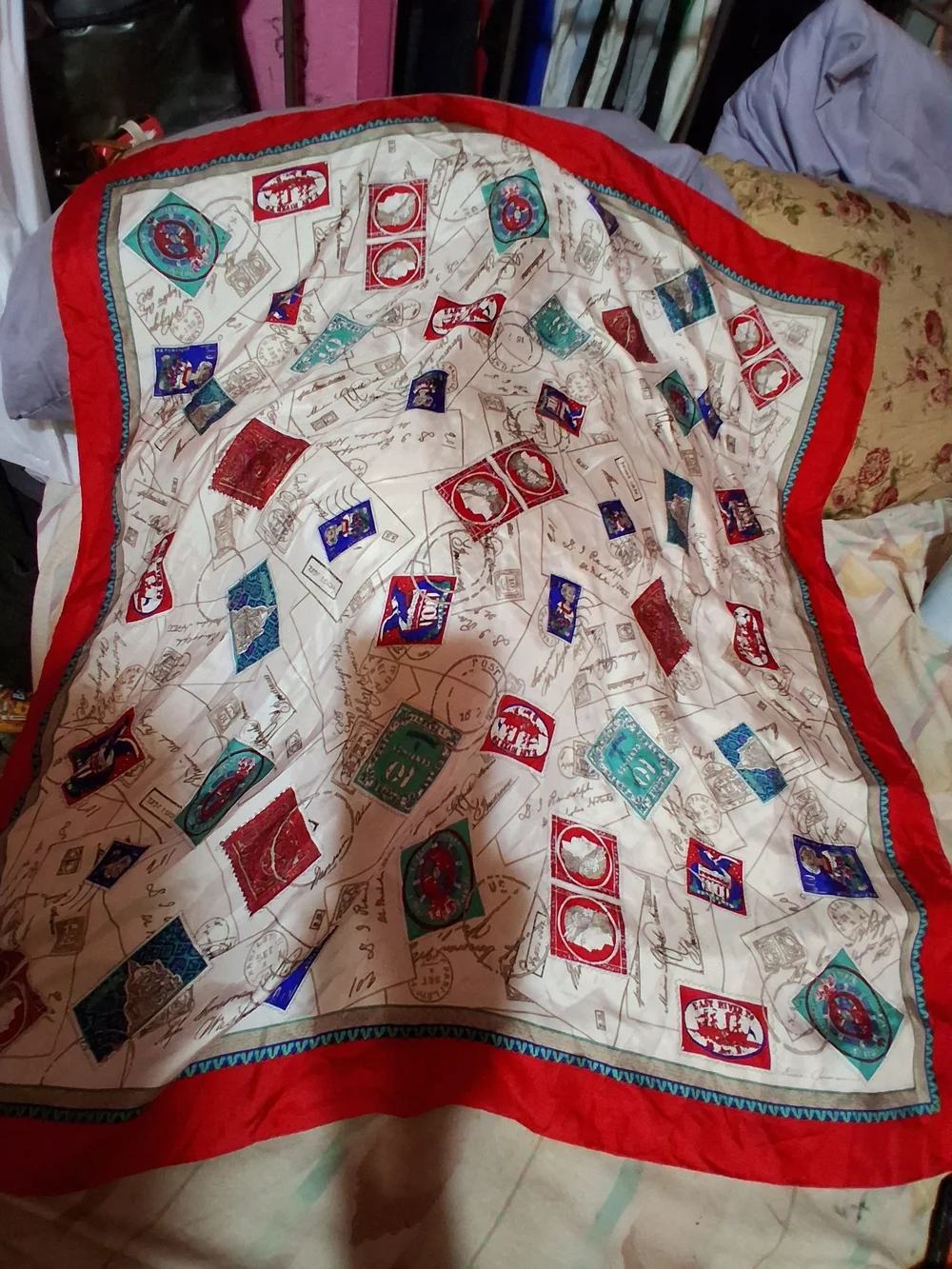Cream Postage-Print Silk Scarf with Red Border